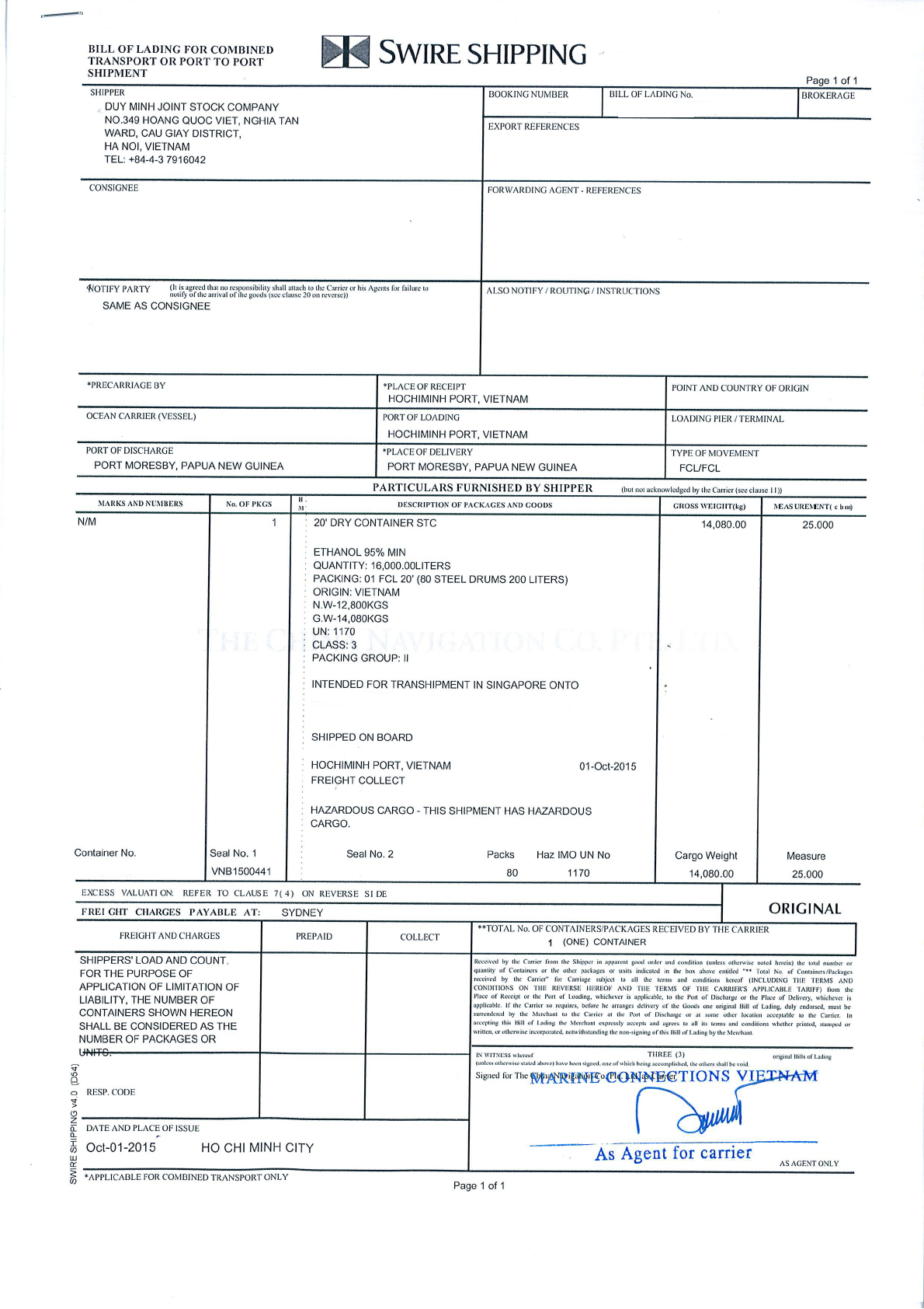 BL for Bangladesh - Duyminhjsc-The leading ethanol exporter in Vietnam