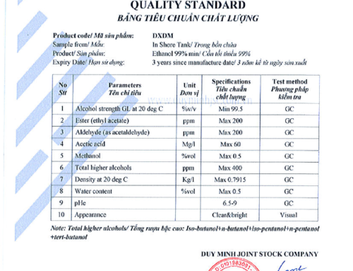 DXDM- Industrial grade from cassava – Ethanol min 99.5% – Quality standard